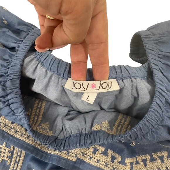 Joy Joy Womens Off-Shoulder Embroidered Chambray Blue Top Size Large 100% Cotton - Picture 4 of 10
